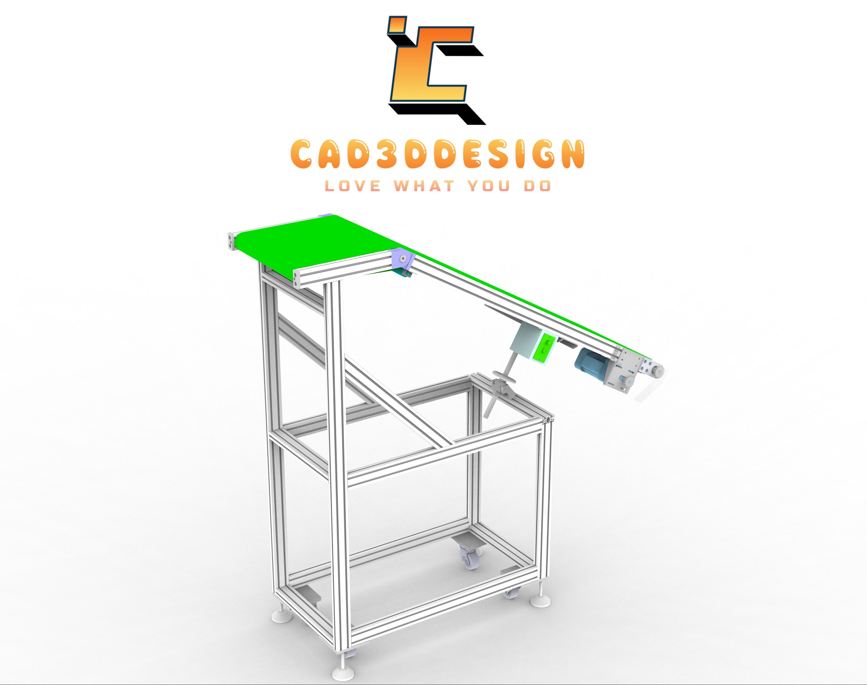 Bản vẽ thiết kế 3D băng tải PVC điều chỉnh góc nghiêng -3D design drawing of an adjustable angle PVC conveyor belt.