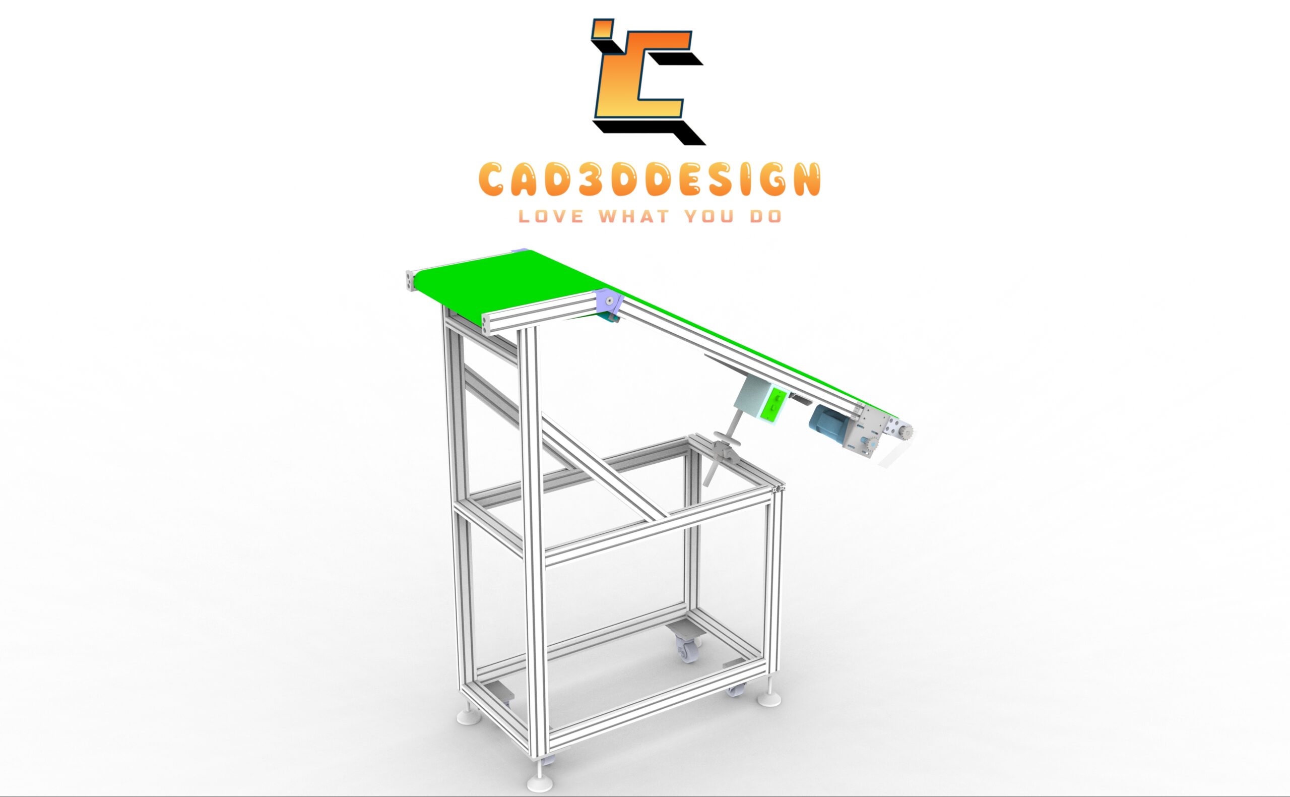 Bản vẽ thiết kế 3D băng tải PVC điều chỉnh góc nghiêng -3D design drawing of an adjustable angle PVC conveyor belt.