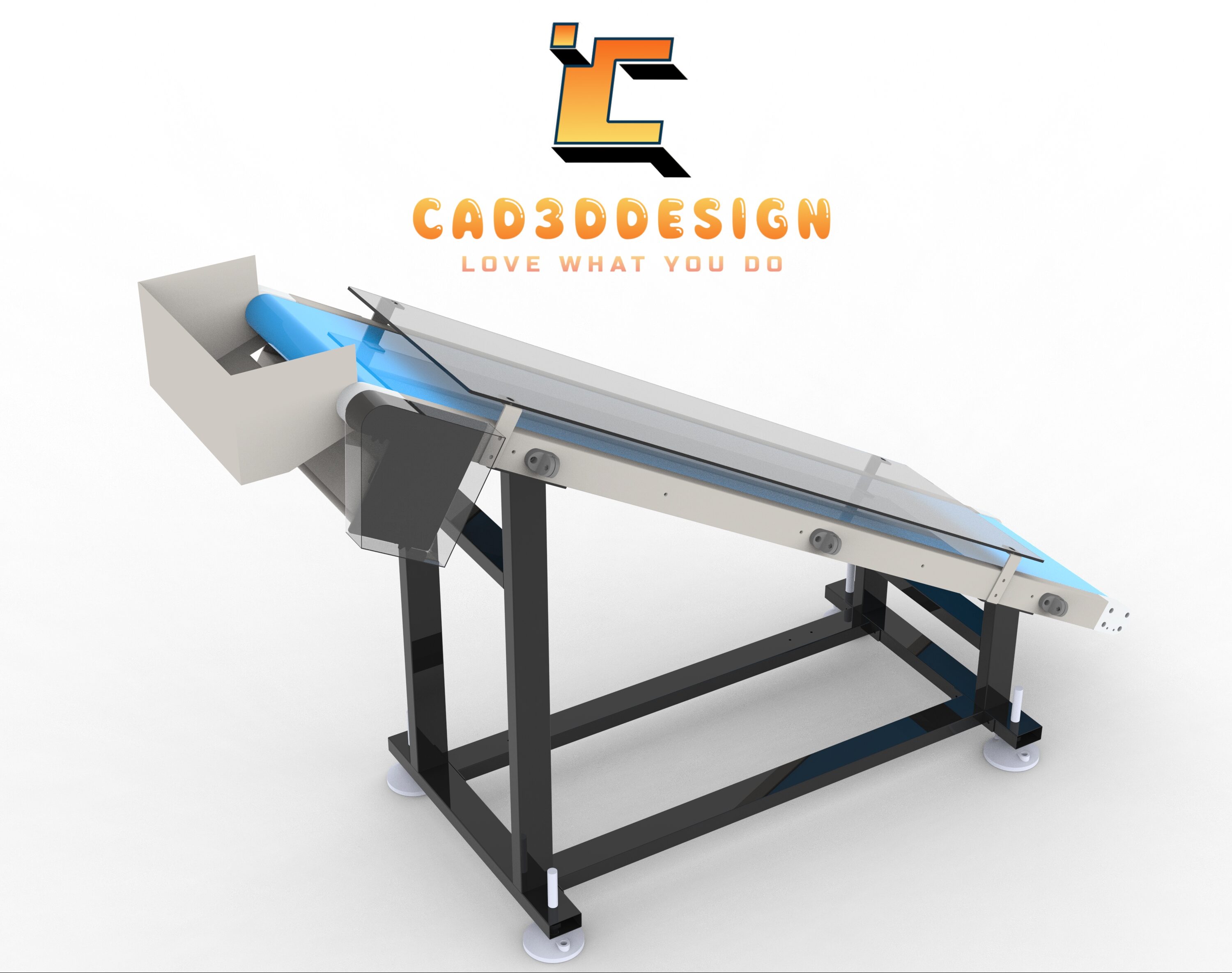 Bản vẽ thiết kế 3D băng tải PVC nghiêng khung thép-3D design drawing of an inclined PVC conveyor belt with a steel frame.