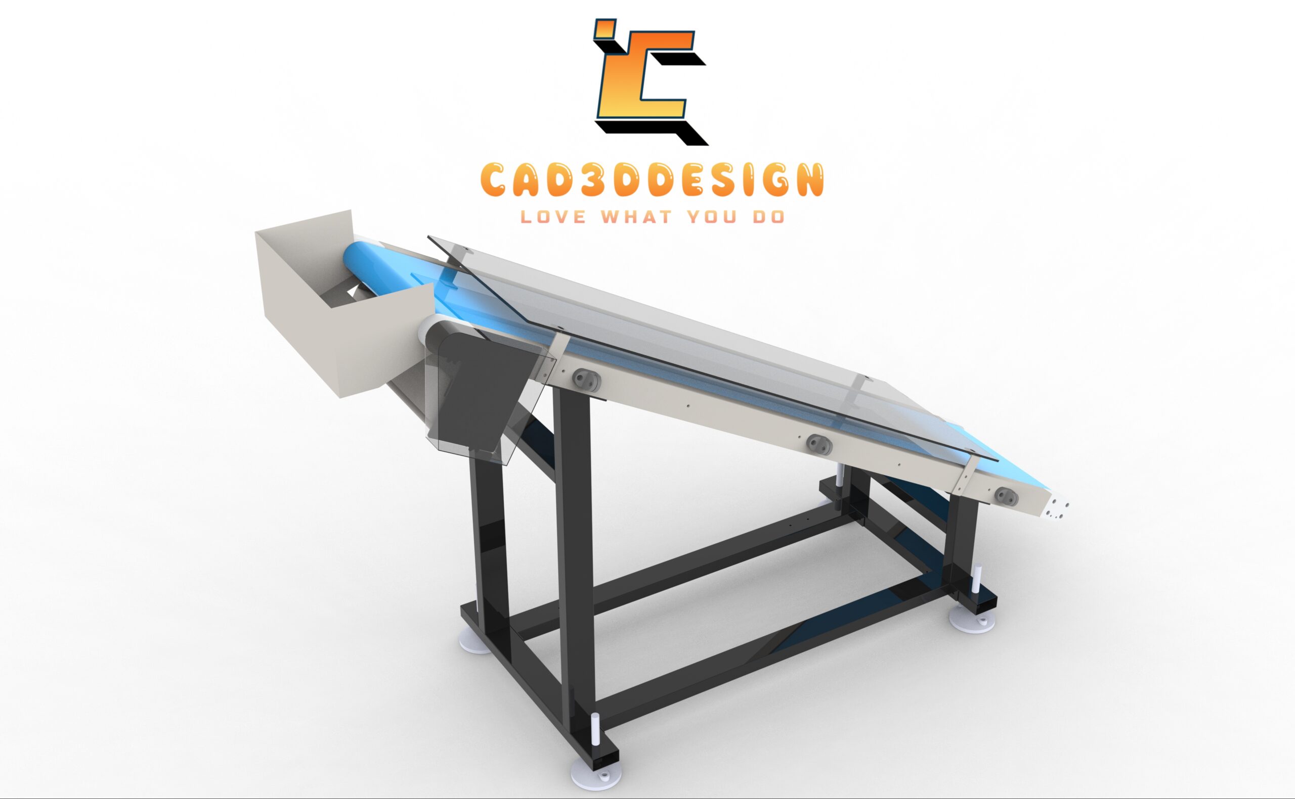 Bản vẽ thiết kế 3D băng tải PVC nghiêng khung thép-3D design drawing of an inclined PVC conveyor belt with a steel frame.